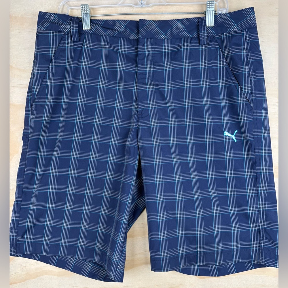 Puma Golf Shorts Mens Size 34 Blue Plaid Dry Cell Flat Front